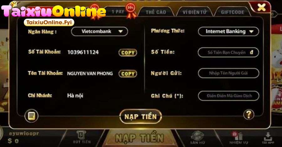 Nạp tiền Tài Xỉu Online qua tài khoản ngân hàng được nhiều bet thủ lựa chọn
